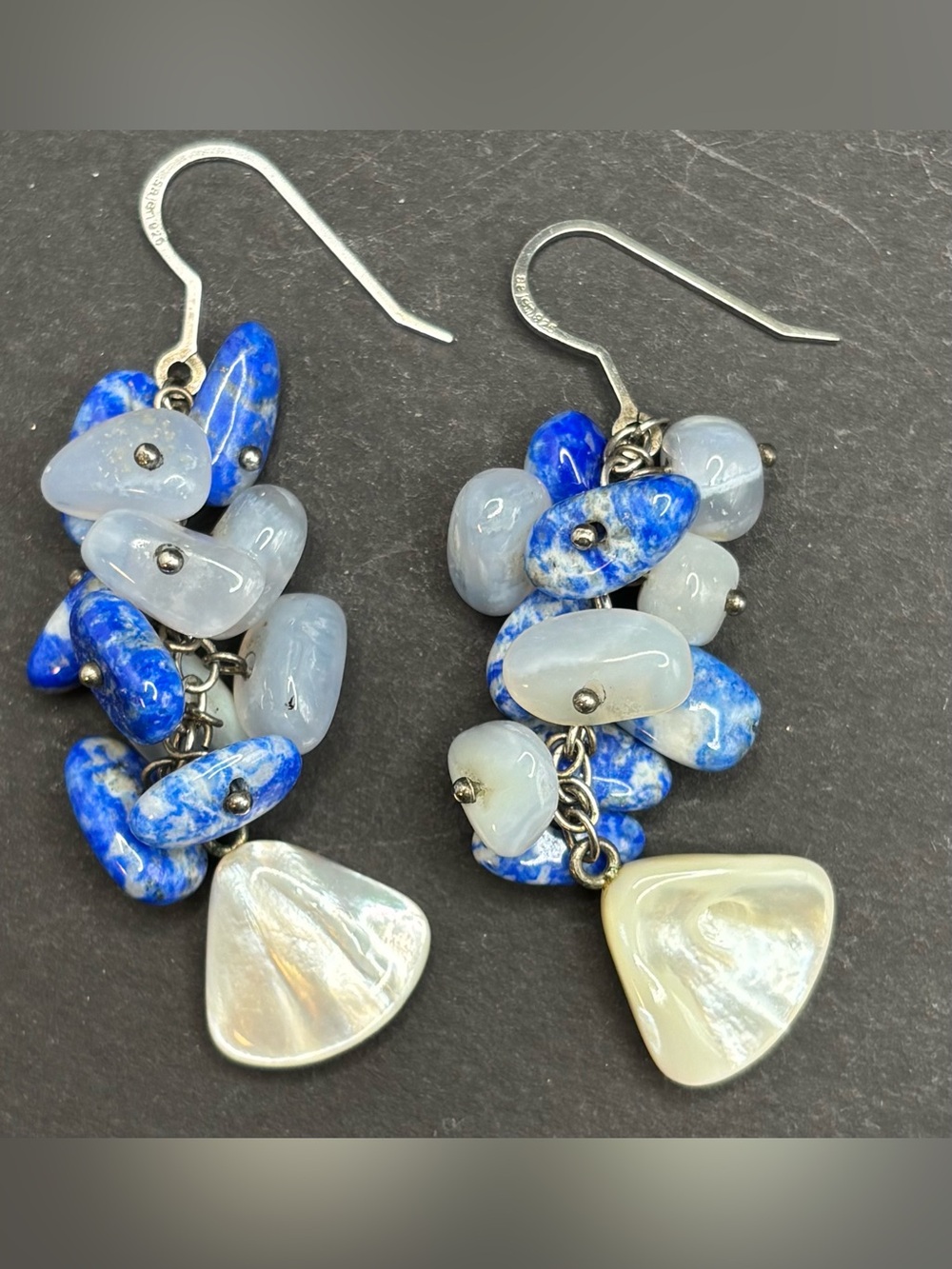 Vintage Sajen 925 Sterling Silver Lapis Chalcedony MOP Cluster Dangle Earrings